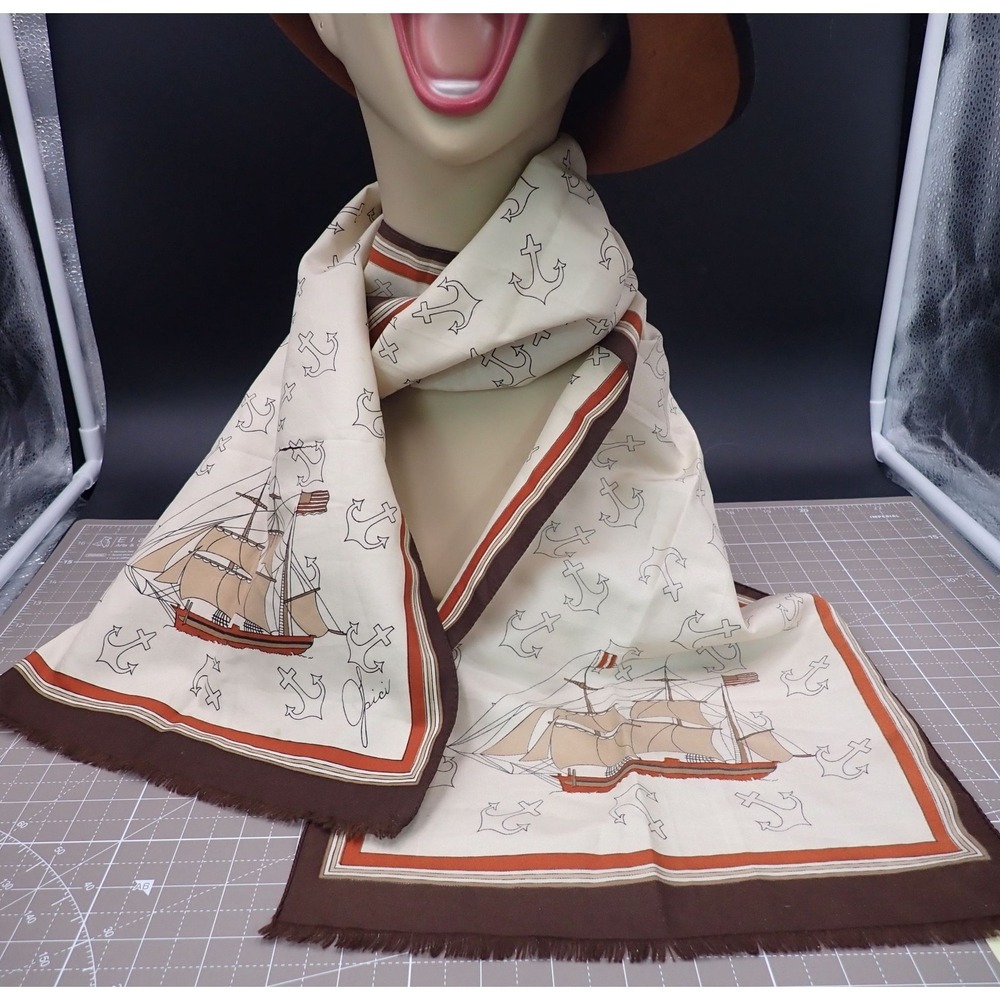 Vintage Scarf Anchors Ships Tan and Rust Colored signed 52"